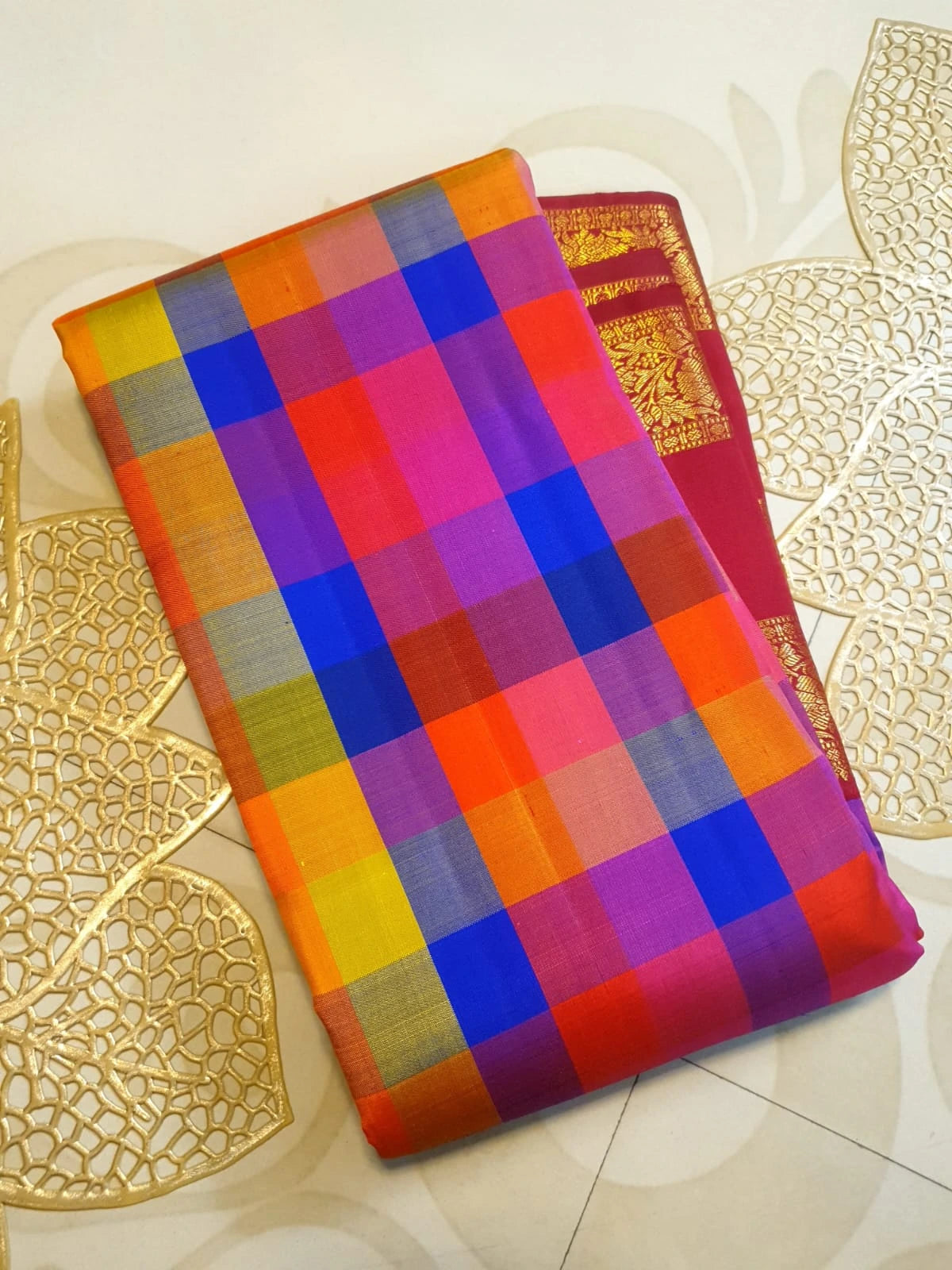 2G Pure Korvai  Kanjivaram Silk Saree in Multicolour Checks with Rich Maroon Gold Zari Floral Border | Silkmark Certified