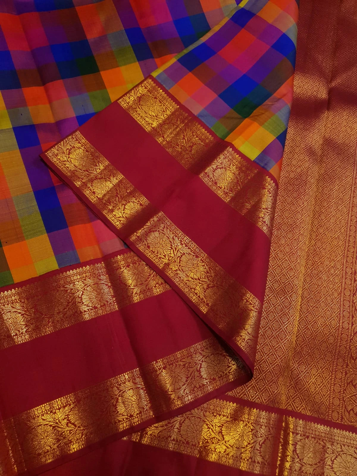 2G Pure Korvai  Kanjivaram Silk Saree in Multicolour Checks with Rich Maroon Gold Zari Floral Border | Silkmark Certified