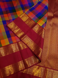 2G Pure Korvai  Kanjivaram Silk Saree in Multicolour Checks with Rich Maroon Gold Zari Floral Border | Silkmark Certified