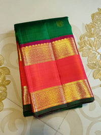 2G Pure Kanjivaram Silk Saree in Emerald Green with Red Korvai Border and Rich Gold Zari | Silkmark Certified