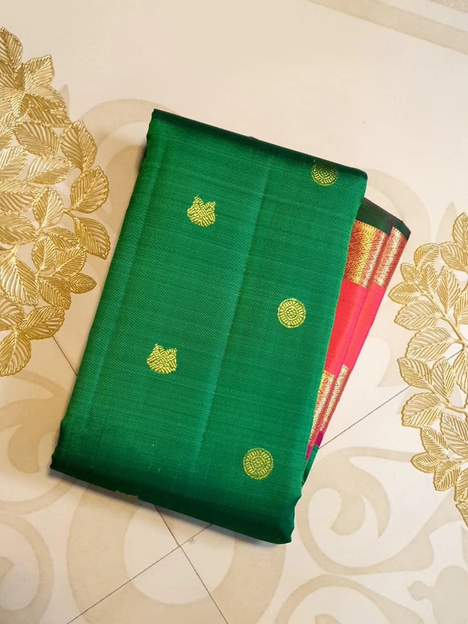 2G Pure Kanjivaram Silk Saree in Emerald Green with Red Korvai Border and Rich Gold Zari | Silkmark Certified