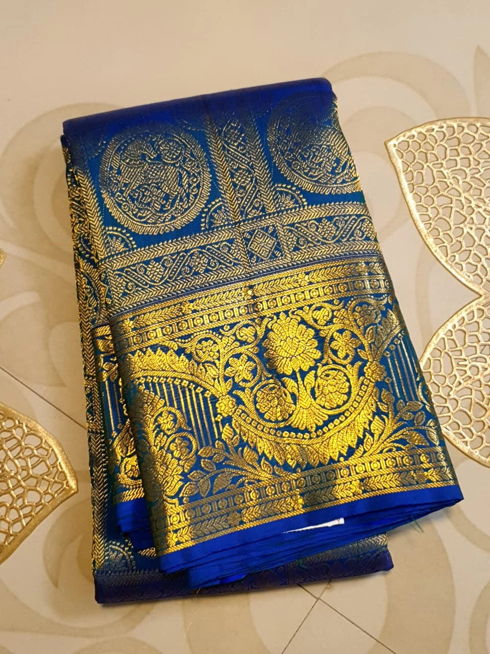 2G  Pure Kanjivaram Silk Saree in Royal Blue with Gold Zari Horse Butta and Rich Floral Border | Silkmark Certified