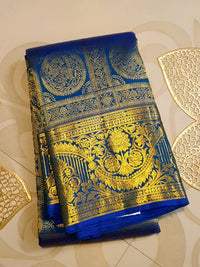 2G  Pure Kanjivaram Silk Saree in Royal Blue with Gold Zari Horse Butta and Rich Floral Border | Silkmark Certified