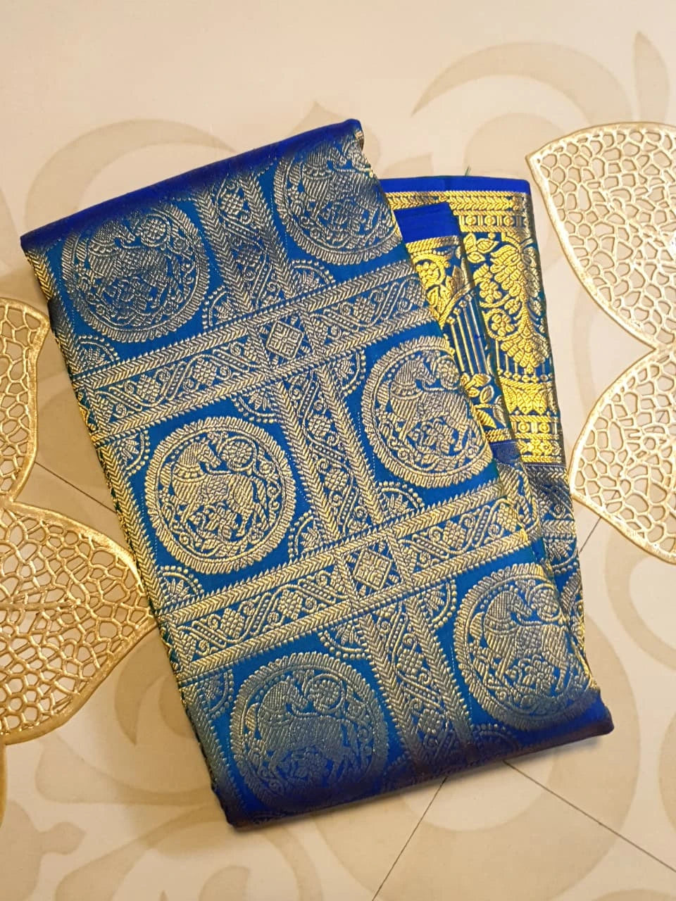 2G  Pure Kanjivaram Silk Saree in Royal Blue with Gold Zari Horse Butta and Rich Floral Border | Silkmark Certified