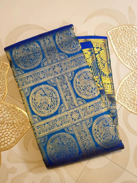 2G  Pure Kanjivaram Silk Saree in Royal Blue with Gold Zari Horse Butta and Rich Floral Border | Silkmark Certified