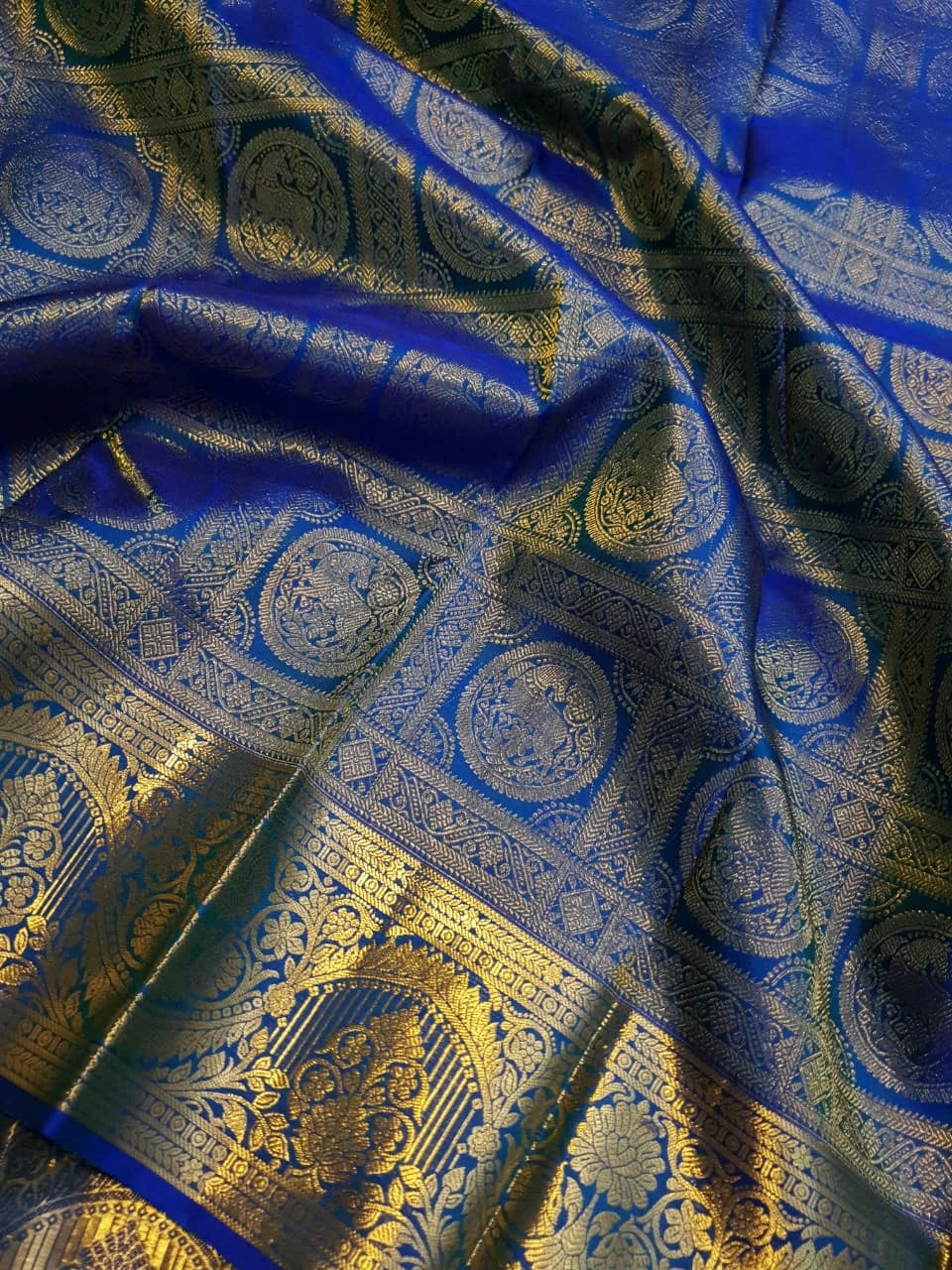 2G  Pure Kanjivaram Silk Saree in Royal Blue with Gold Zari Horse Butta and Rich Floral Border | Silkmark Certified