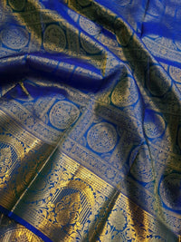 2G  Pure Kanjivaram Silk Saree in Royal Blue with Gold Zari Horse Butta and Rich Floral Border | Silkmark Certified