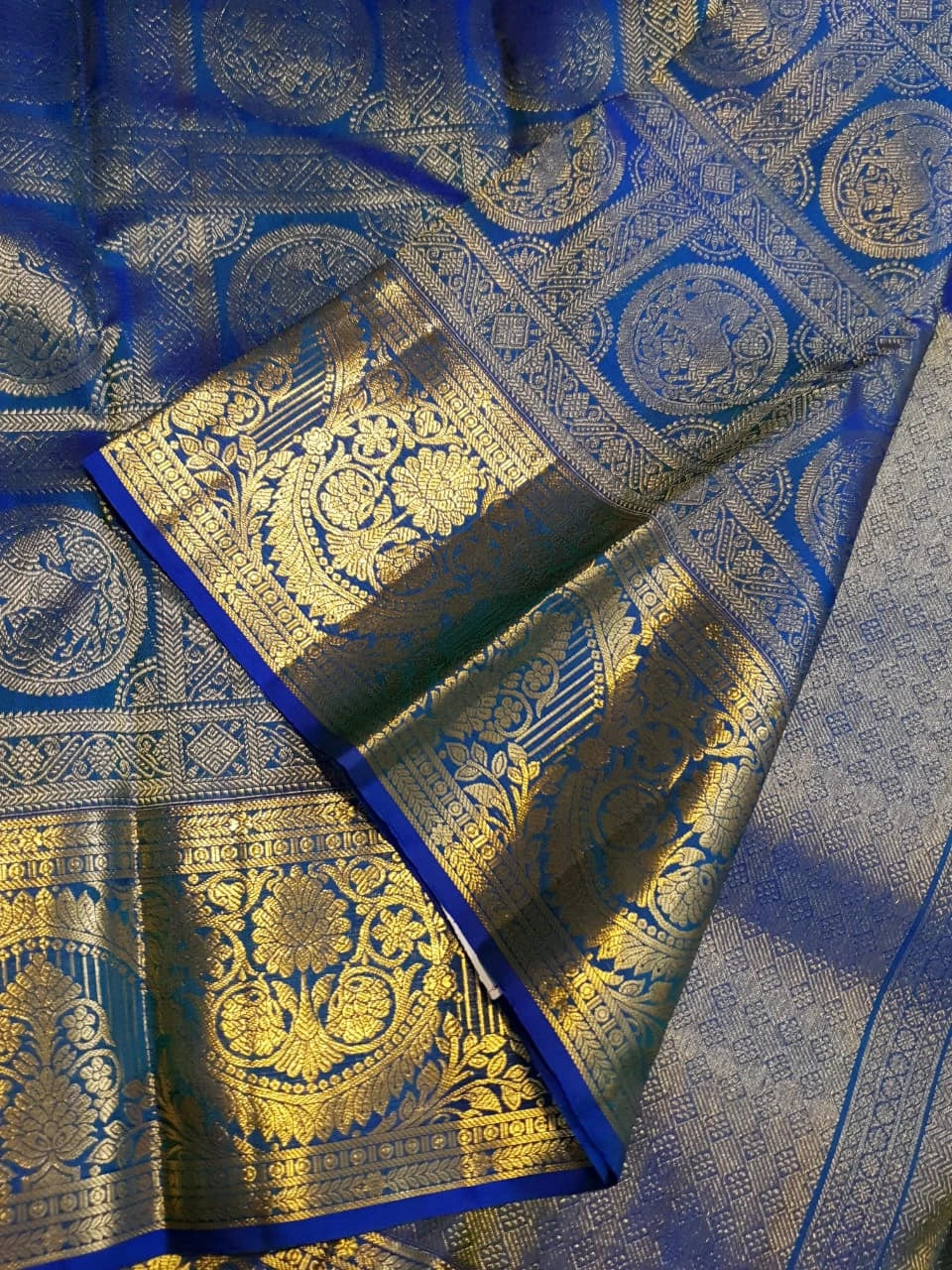 2G  Pure Kanjivaram Silk Saree in Royal Blue with Gold Zari Horse Butta and Rich Floral Border | Silkmark Certified