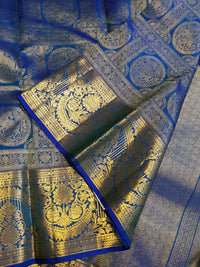 2G  Pure Kanjivaram Silk Saree in Royal Blue with Gold Zari Horse Butta and Rich Floral Border | Silkmark Certified