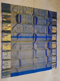 2G  Pure Kanjivaram Silk Saree in Royal Blue with Gold Zari Horse Butta and Rich Floral Border | Silkmark Certified