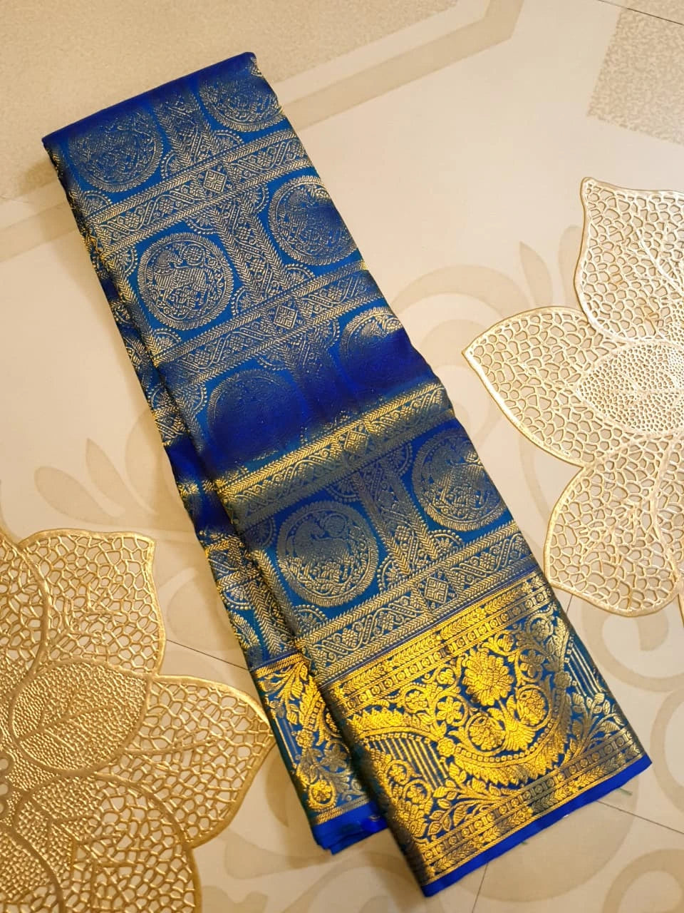 2G  Pure Kanjivaram Silk Saree in Royal Blue with Gold Zari Horse Butta and Rich Floral Border | Silkmark Certified