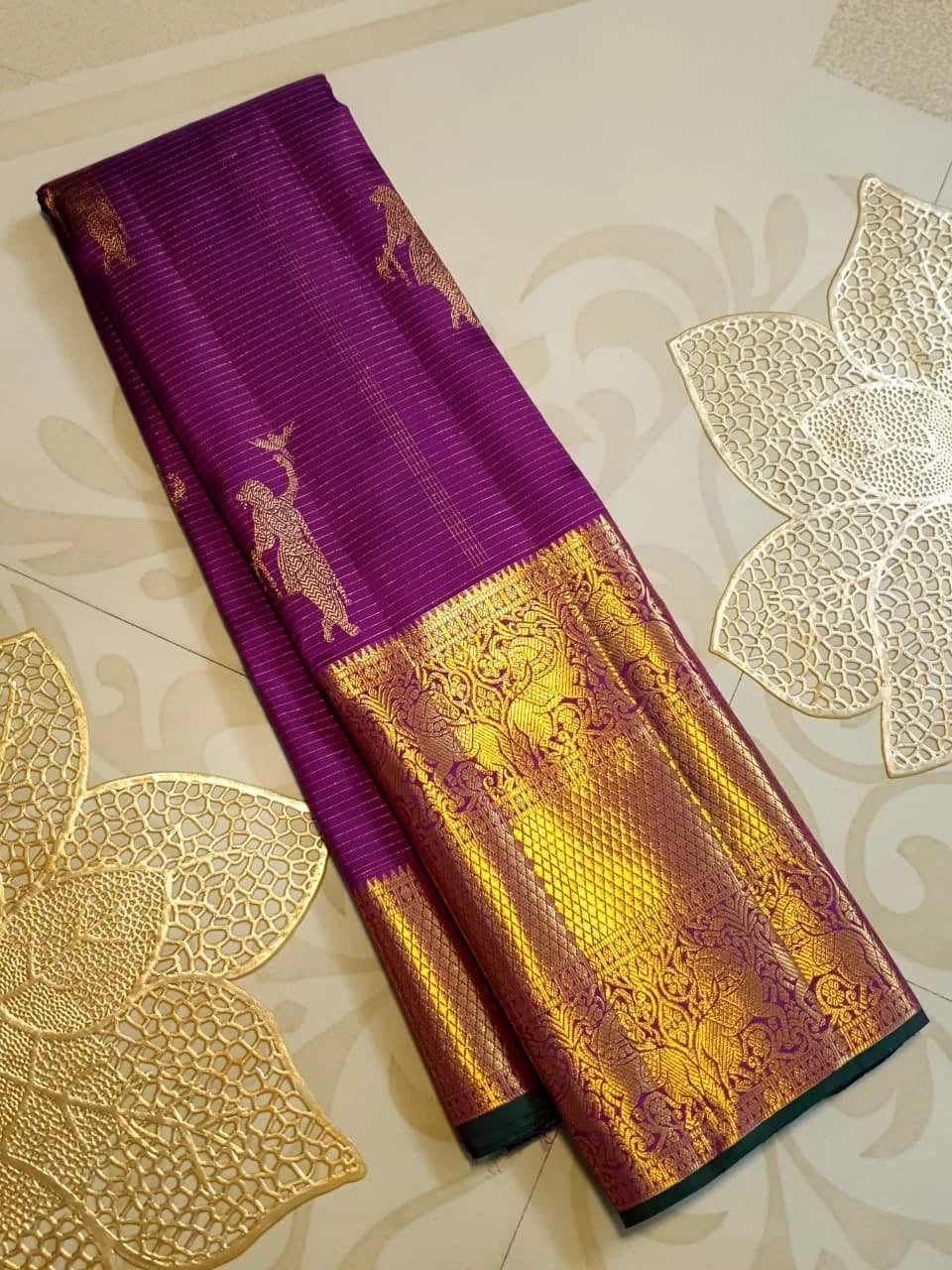 2G Pure Zari Kanjivaram Silk Saree in Rich Purple with Aandal Buttas and Traditional Horse Zari Border | Silkmark Certified