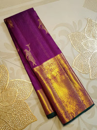2G Pure Zari Kanjivaram Silk Saree in Rich Purple with Aandal Buttas and Traditional Horse Zari Border | Silkmark Certified