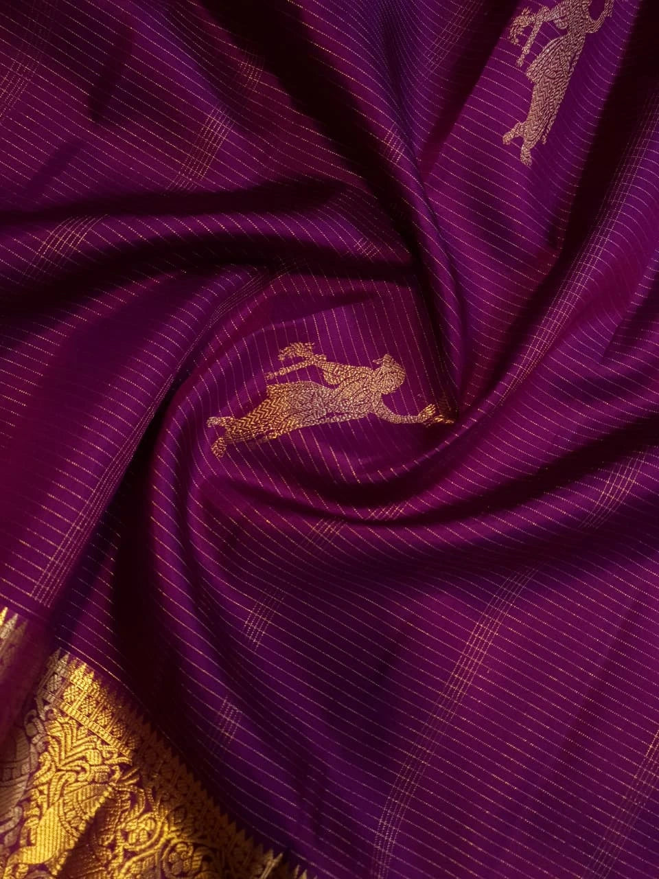 2G Pure Zari Kanjivaram Silk Saree in Rich Purple with Aandal Buttas and Traditional Horse Zari Border | Silkmark Certified