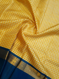 2G Pure Kanjivaram Silk Saree in Mustard Yellow Checks with Royal Blue and Zari Border | Silkmark Certified