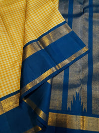 2G Pure Kanjivaram Silk Saree in Mustard Yellow Checks with Royal Blue and Zari Border | Silkmark Certified