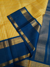 2G Pure Kanjivaram Silk Saree in Mustard Yellow Checks with Royal Blue and Zari Border | Silkmark Certified
