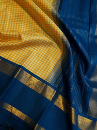 2G Pure Kanjivaram Silk Saree in Mustard Yellow Checks with Royal Blue and Zari Border | Silkmark Certified