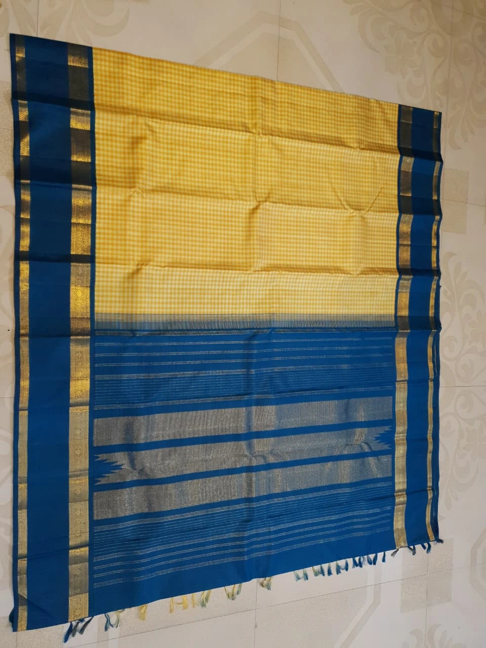 2G Pure Kanjivaram Silk Saree in Mustard Yellow Checks with Royal Blue and Zari Border | Silkmark Certified