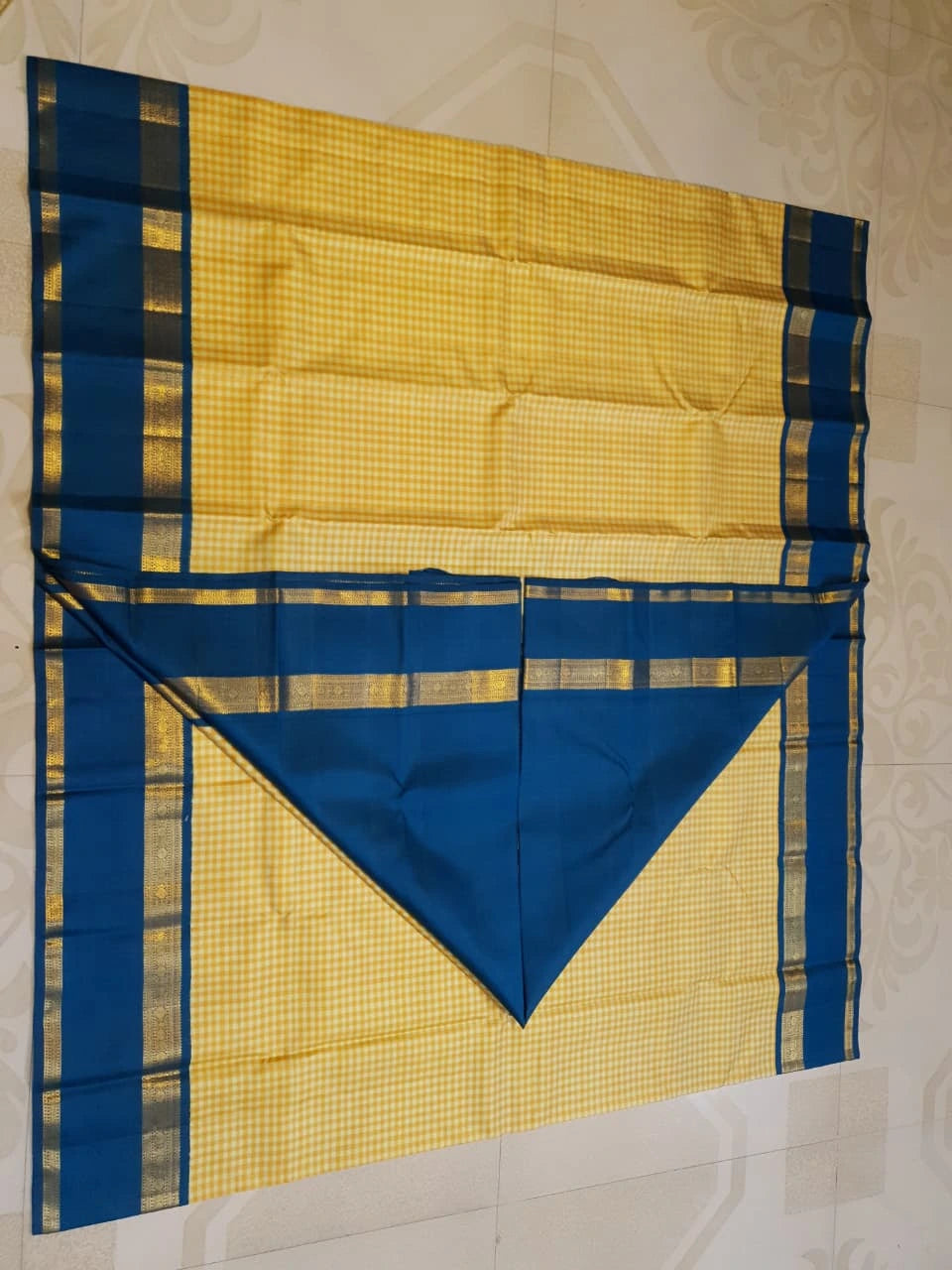 2G Pure Kanjivaram Silk Saree in Mustard Yellow Checks with Royal Blue and Zari Border | Silkmark Certified
