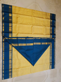 2G Pure Kanjivaram Silk Saree in Mustard Yellow Checks with Royal Blue and Zari Border | Silkmark Certified