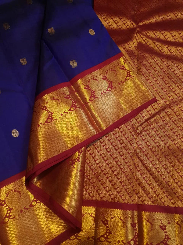 2G Pure Korvai Kanjivaram Silk Saree in Royal Blue with Red Traditional Gold Zari Peacock Border and Buttas | Silkmark Certified