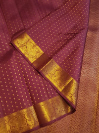 2G Pure Kanjivaram Silk Saree in Deep Maroon with All-Over Gold Zari Buttas and Traditional Peacock Zari Border | Silkmark Certified