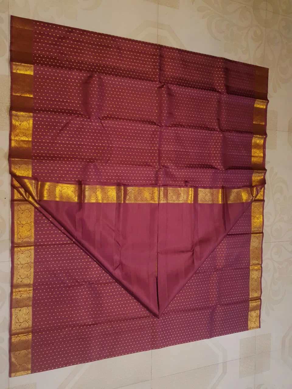 2G Pure Kanjivaram Silk Saree in Deep Maroon with All-Over Gold Zari Buttas and Traditional Peacock Zari Border | Silkmark Certified
