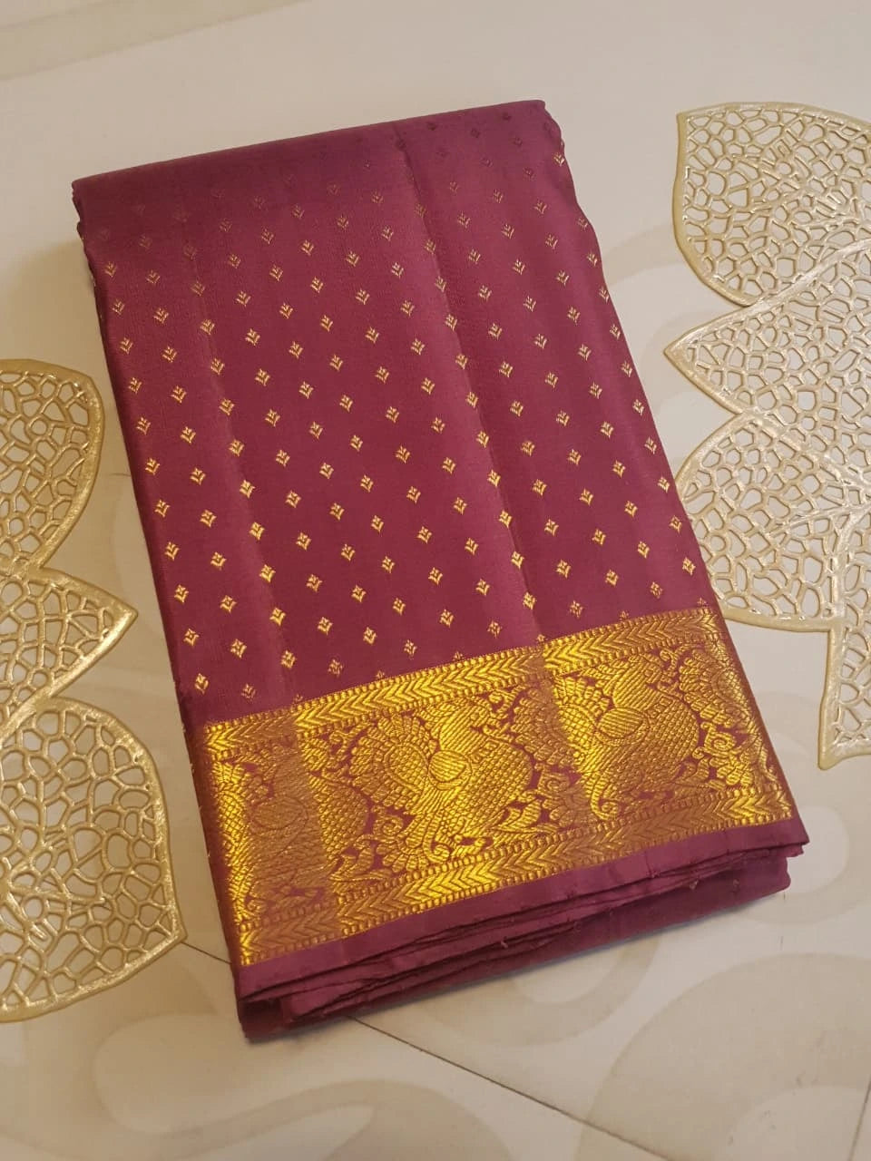 2G Pure Kanjivaram Silk Saree in Deep Maroon with All-Over Gold Zari Buttas and Traditional Peacock Zari Border | Silkmark Certified