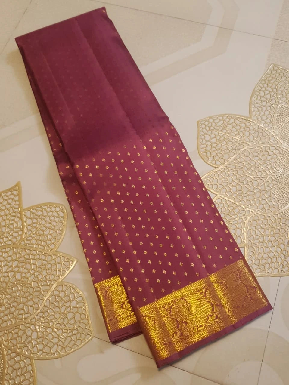 2G Pure Kanjivaram Silk Saree in Deep Maroon with All-Over Gold Zari Buttas and Traditional Peacock Zari Border | Silkmark Certified