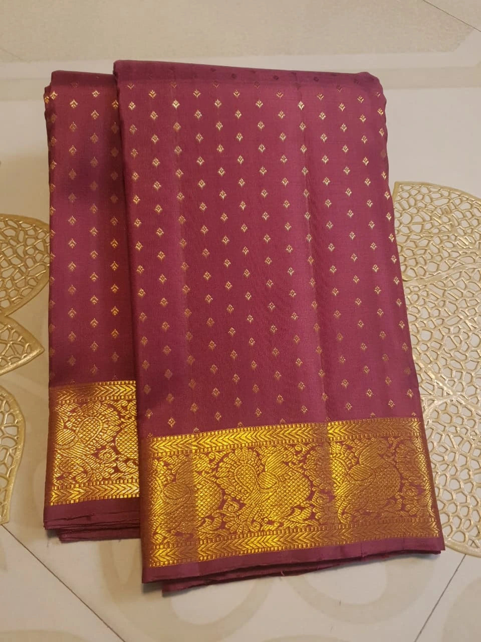2G Pure Kanjivaram Silk Saree in Deep Maroon with All-Over Gold Zari Buttas and Traditional Peacock Zari Border | Silkmark Certified
