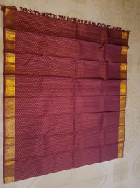 2G Pure Kanjivaram Silk Saree in Deep Maroon with All-Over Gold Zari Buttas and Traditional Peacock Zari Border | Silkmark Certified
