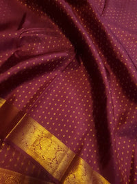 2G Pure Kanjivaram Silk Saree in Deep Maroon with All-Over Gold Zari Buttas and Traditional Peacock Zari Border | Silkmark Certified