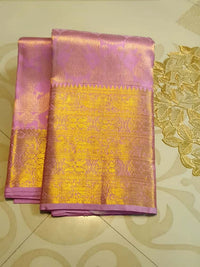 2G Pure Kanjivaram Silk Saree in Lavender Pink with Rich Gold Zari Floral Jangla Weave and Traditional Zari Border | Silkmark Certified