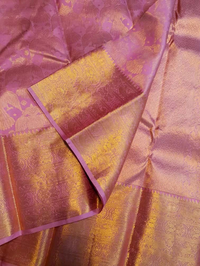 2G Pure Kanjivaram Silk Saree in Lavender Pink with Rich Gold Zari Floral Jangla Weave and Traditional Zari Border | Silkmark Certified