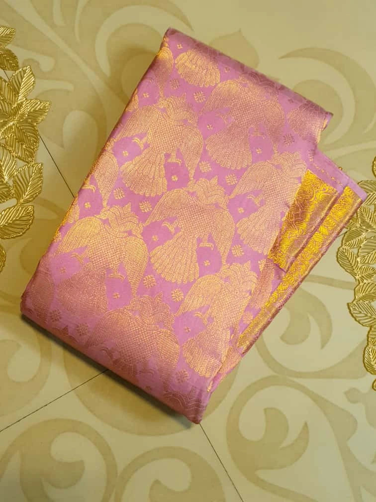 2G Pure Kanjivaram Silk Saree in Lavender Pink with Rich Gold Zari Floral Jangla Weave and Traditional Zari Border | Silkmark Certified