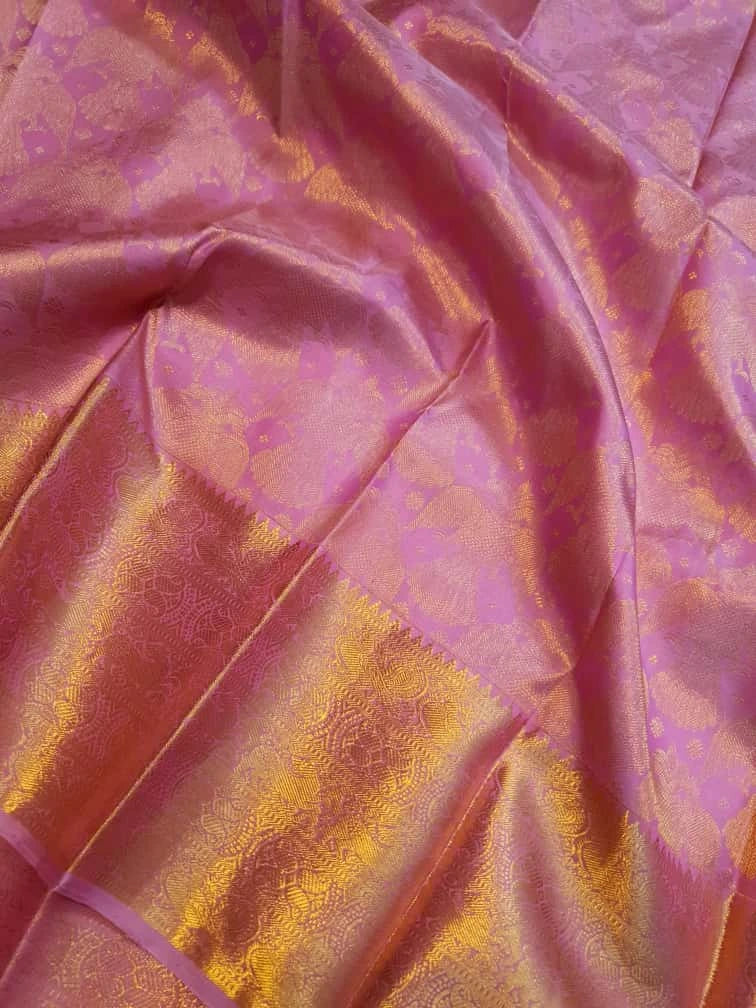 2G Pure Kanjivaram Silk Saree in Lavender Pink with Rich Gold Zari Floral Jangla Weave and Traditional Zari Border | Silkmark Certified