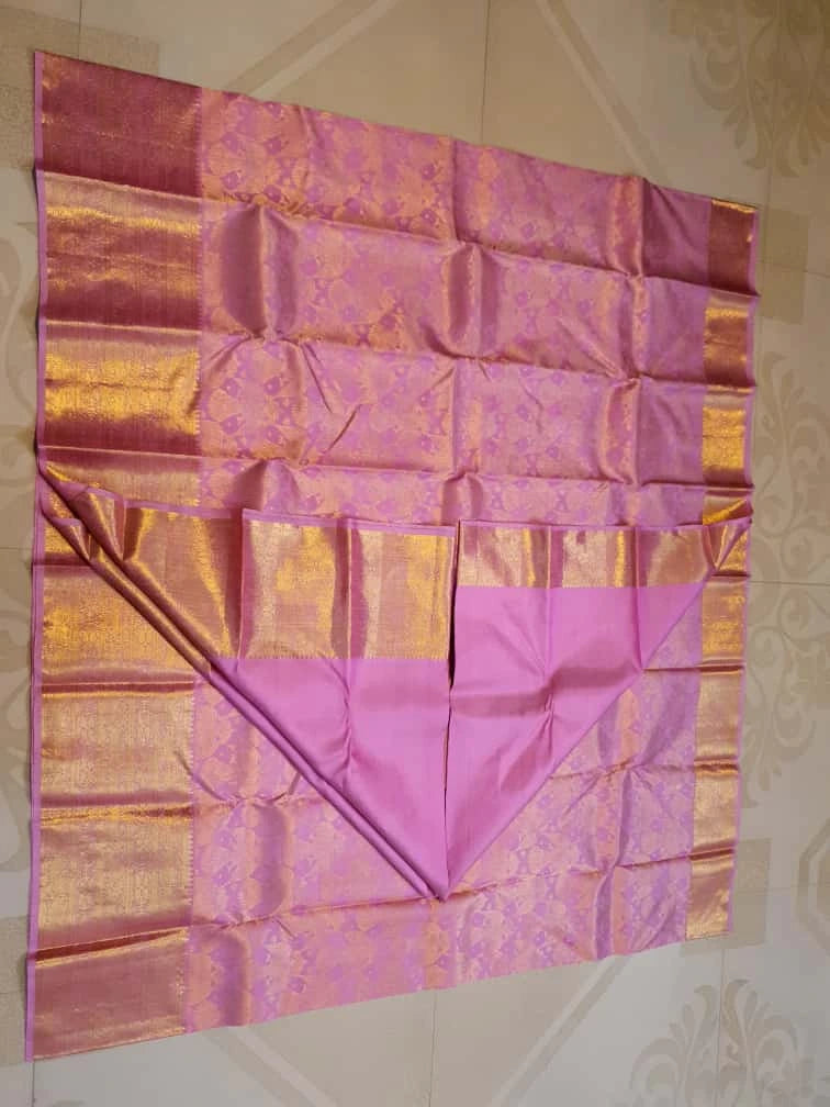 2G Pure Kanjivaram Silk Saree in Lavender Pink with Rich Gold Zari Floral Jangla Weave and Traditional Zari Border | Silkmark Certified