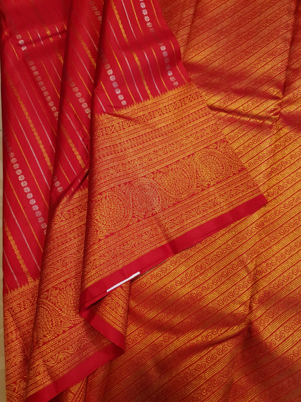 2G Pure Kanjivaram Silk Saree in Rich Red with Gold Zari Stripes & Traditional Paisley Border | Silkmark Certified