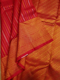 2G Pure Kanjivaram Silk Saree in Rich Red with Gold Zari Stripes & Traditional Paisley Border | Silkmark Certified