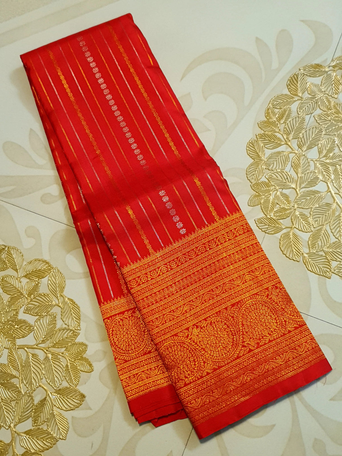 2G Pure Kanjivaram Silk Saree in Rich Red with Gold Zari Stripes & Traditional Paisley Border | Silkmark Certified