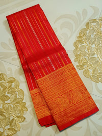 2G Pure Kanjivaram Silk Saree in Rich Red with Gold Zari Stripes & Traditional Paisley Border | Silkmark Certified