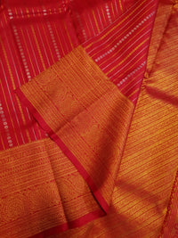 2G Pure Kanjivaram Silk Saree in Rich Red with Gold Zari Stripes & Traditional Paisley Border | Silkmark Certified