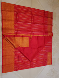 2G Pure Kanjivaram Silk Saree in Rich Red with Gold Zari Stripes & Traditional Paisley Border | Silkmark Certified
