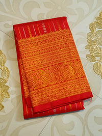 2G Pure Kanjivaram Silk Saree in Rich Red with Gold Zari Stripes & Traditional Paisley Border | Silkmark Certified