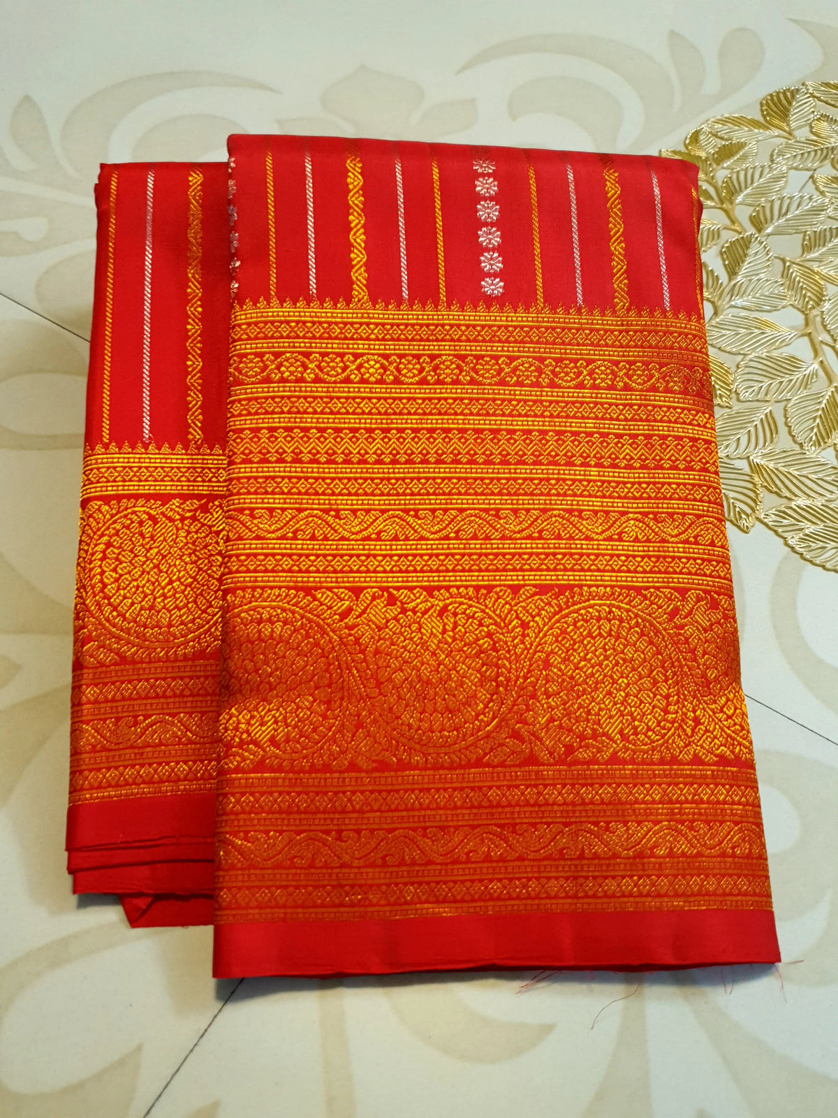 2G Pure Kanjivaram Silk Saree in Rich Red with Gold Zari Stripes & Traditional Paisley Border | Silkmark Certified