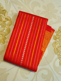2G Pure Kanjivaram Silk Saree in Rich Red with Gold Zari Stripes & Traditional Paisley Border | Silkmark Certified