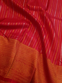 2G Pure Kanjivaram Silk Saree in Rich Red with Gold Zari Stripes & Traditional Paisley Border | Silkmark Certified