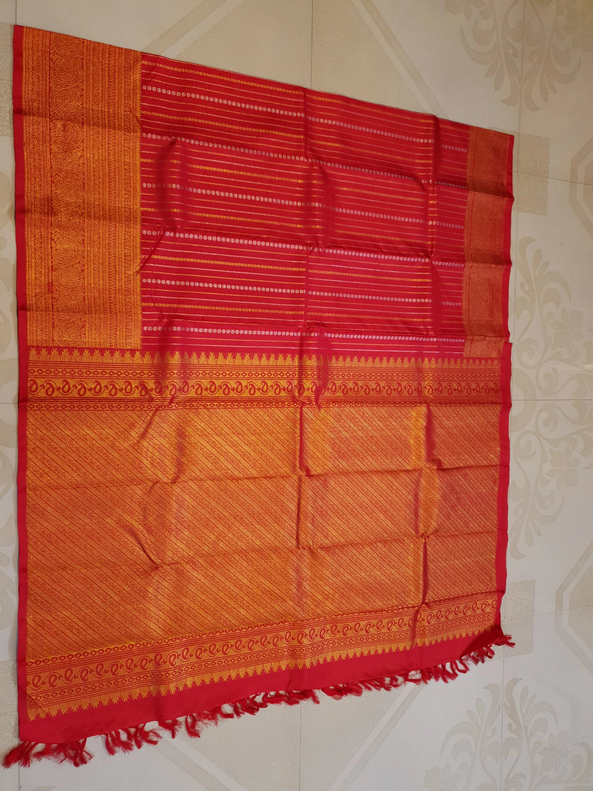 2G Pure Kanjivaram Silk Saree in Rich Red with Gold Zari Stripes & Traditional Paisley Border | Silkmark Certified