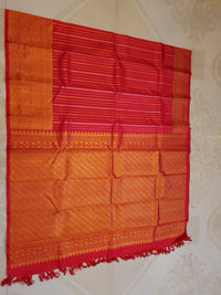 2G Pure Kanjivaram Silk Saree in Rich Red with Gold Zari Stripes & Traditional Paisley Border | Silkmark Certified